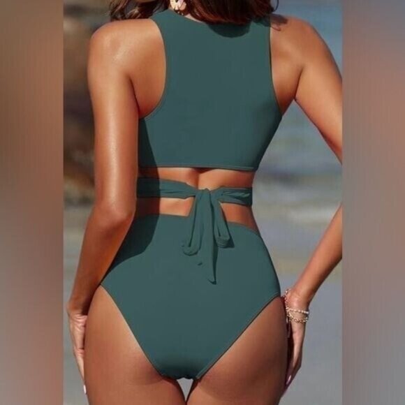 Zaful Women Two-Piece Swimsuit Medium Bikini Green High-Waisted Cutout Back Tie - Picture 3 of 6